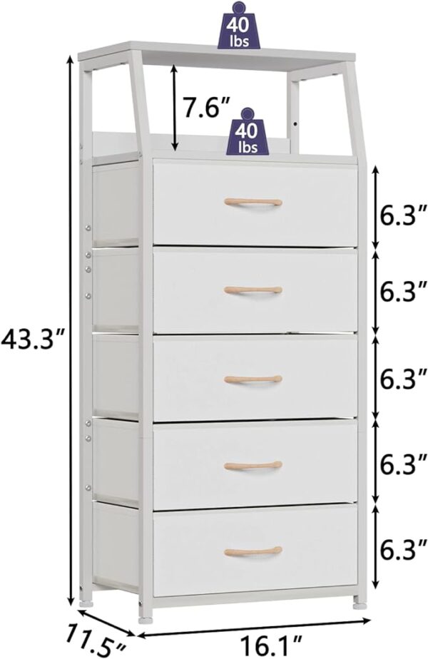 Furnulem White Dresser with 5 Drawers - Vertical Storage Tower Fabric Dresser for Bedroom, Hallway, Entryway, Nursery, Closet Organizer, Nightstand Bedside Table Furniture, Sturdy Steel Frame, Wood Top" 3