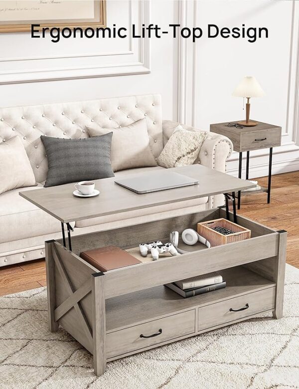 Evajoy Lift Top Coffee Table - Modern Coffee Table with 2 Storage Drawers and Hidden Compartment, X-Shape Wood Support, Center Table with Lift Tabletop for Living Room, Office, Grey" 3