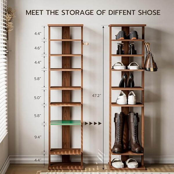 XBurmo Vertical Shoe Rack - 9 Tier Shoe Storage Organizer with Hooks, Tall Shoe Tower, Slim Standing Shoe Shelf, Wooden Cubby Shoe Storage for Entryway, Small Spaces, Closet, Corner (Walnut)" 4