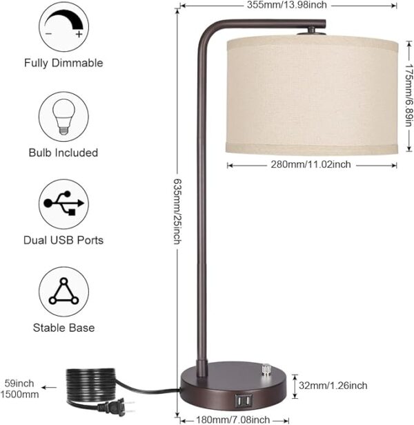 "Side Table Lamp with Dual USB Ports - Dimmable Bedside Lamp Modern Nightstand Lamp Desk Reading Lamp with Linen Lampshade for Bedroom, Living Room, Study Room, Office - 9W 3000K LED Bulb Included" 3