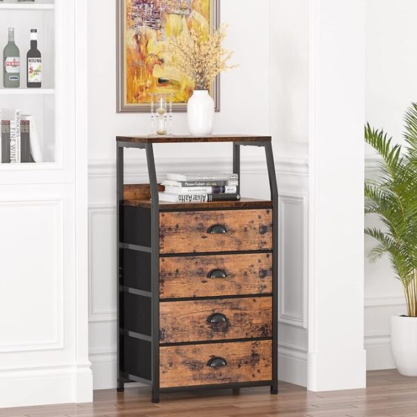 "Furnulem Tall 4 Drawers Dresser - Vertical Storage Tower Fabric Dresser for Bedroom, Hallway, Entryway, Nursery, Closet Organizer, Nightstand Bedside Table Furniture, Sturdy Steel Frame, Wood Top" 3