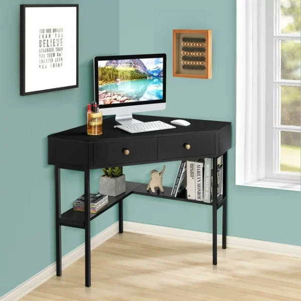 Costway Corner Computer Desk Writing Workstation Study Desk w/ 2 Drawers Black 3