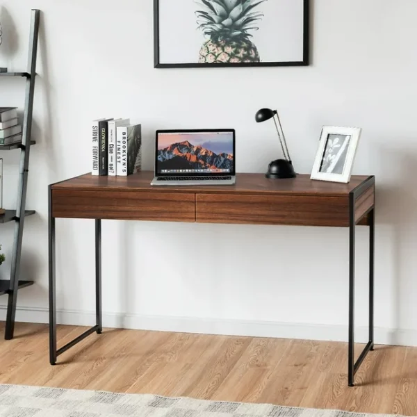 Brown Home Office Computer Desk with 2 Drawers - Costway Study Table Writing Workstation" 3