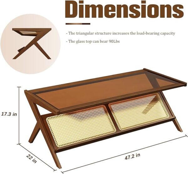 Bamworld Mid-Century Modern Coffee Table with Glass Top Rattan Coffee Table with Storage for Living Room Brown 3