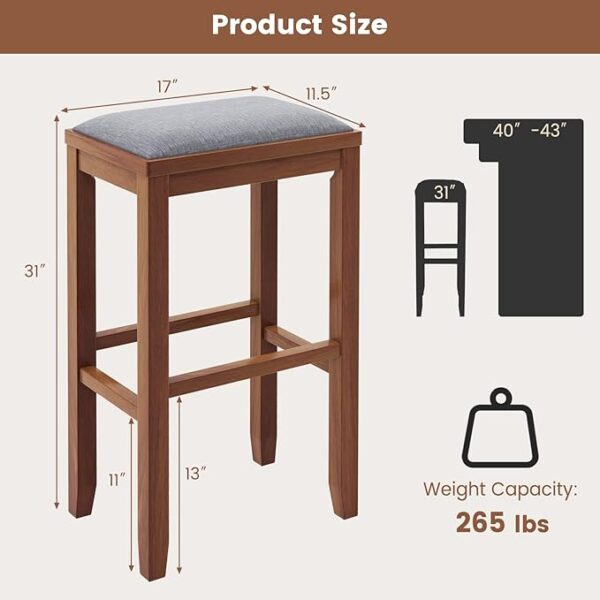 COSTWAY Upholstered Saddle Stools Set of 2 - 31-inch Height Vintage Counter Height Chairs with Solid Wood Legs - Modern Backless Design Indoor Bar Stools for Kitchen, Dining, Pub and Bistro - Walnut 4