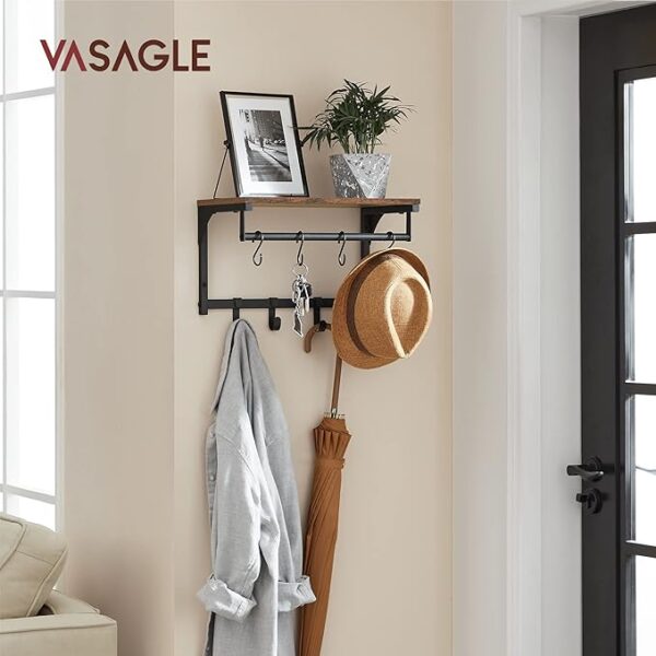 VASAGLE Laundry Room Shelf Wall Mounted - Coat Rack Shelf with 8 Removable Hooks - for Entryway, Living Room, Kitchen, Bedroom - 15.7 x 9.4 x 9.4 Inches - Rustic Brown and Black ULCR103B01 3
