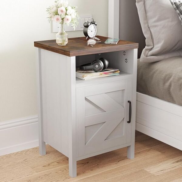 JUMMICO Farmhouse Nightstand - Modern Bedside Table Set of 2 with Barn Door and Shelf - Rustic End Table Side Table for Bedroom, Living Room - White 3