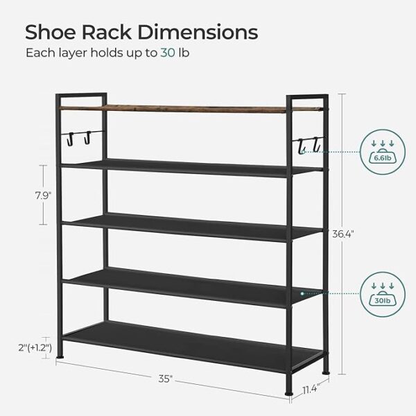 SONGMICS Shoe Rack - 5 Tier Shoe Storage Organizer, Large Shoe Rack Shelf for Closet Entryway - Sturdy Shoe Stand for 20-25 Pairs with 4 Hooks, Adjustable Feet, Fabric Shelves, Not Wooden Top 4