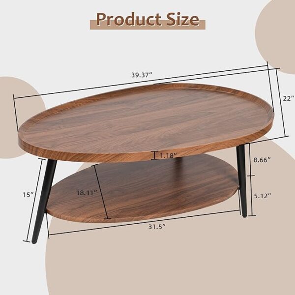Zedesey 2-Tier Coffee Table - Water-Shaped Wood Center Table - Mid Century Oval Coffee Table - Rustic Farmhouse Coffee Table for Living Room, Bedroom - 40", Brown 4