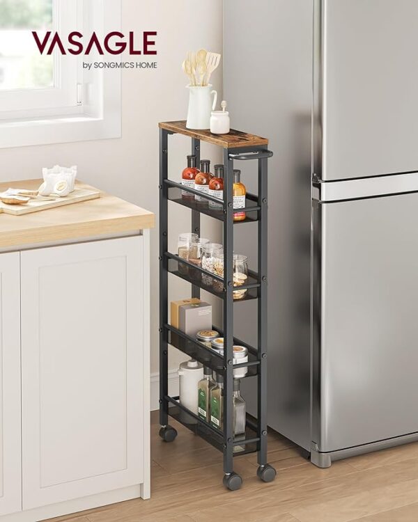 VASAGLE Slim Rolling Cart - 5-Tier Storage Cart, Narrow Cart with Handle, 5.1 Inches Deep, Metal Frame - for Kitchen, Dining Room, Living Room, Home Office - Rustic Brown and Black ULRC034B01 3