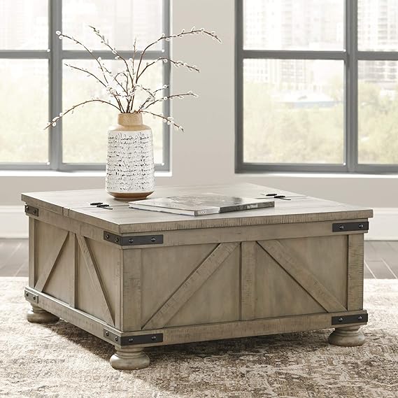 Signature Design by Ashley Aldwin Farmhouse Square Coffee Table with Lift Top for Storage, Grayish Brown 3