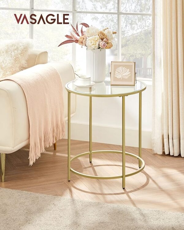 VASAGLE Round Side Table - Glass End Table with Metal Frame, Gold Coffee Table with Modern Style, for Living Room, Balcony, Bedroom - Gold Color" 4