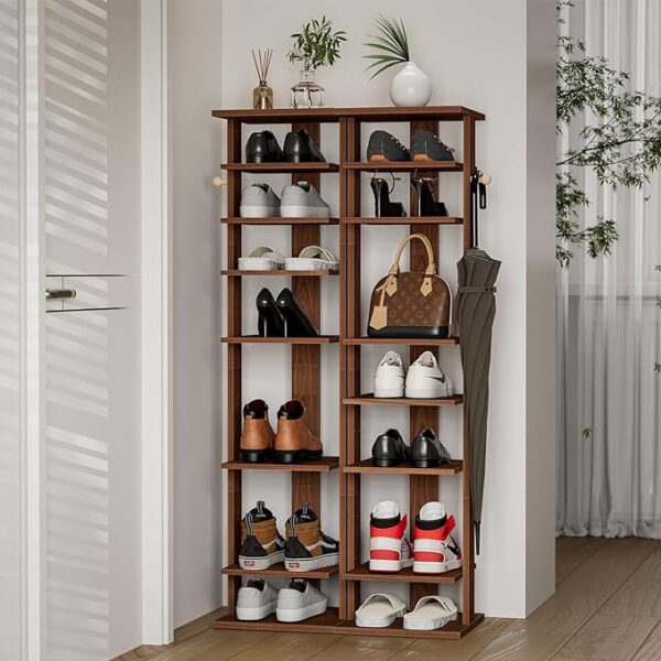 XBurmo Vertical Shoe Rack - 9 Tier Shoe Storage Organizer with Hooks, Tall Shoe Tower, Slim Standing Shoe Shelf, Wooden Cubby Shoe Storage for Entryway, Small Spaces, Closet, Corner (Walnut)" 2