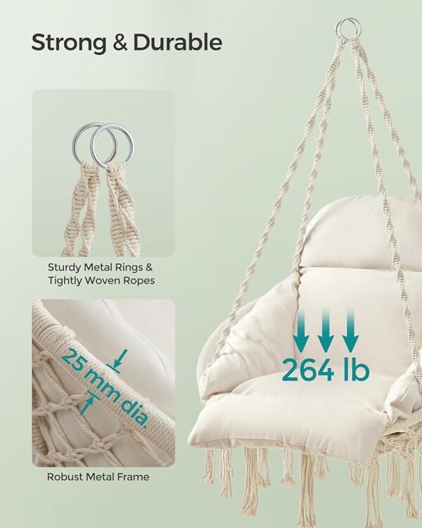 SONGMICS Hanging Chair - Hammock Chair with Large, Thick Cushion, Boho Swing Chair for Bedroom, Patio, Balcony, Garden, Living Room, Holds up to 264 lb, Cloud White, Model UGDC042M01" 4