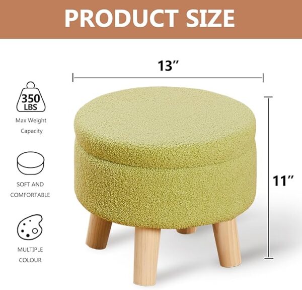 Wimarsbon Storage Ottoman - Modern Round Footrest with Soft Padded Seat, Teddy Velvet Footstool with Wood Legs, Accent Small Table or Plant Stand for Hallway, Living Room (Brilliant Green)" 2
