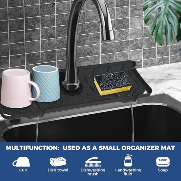 "Silicone Faucet Handle Drip Catcher Tray Mat - Dish Soap Sponge Holder for Kitchen Sink Accessories, Drying Mat for Kitchen Counter & Bathroom, Kitchen Sink Splash Guard (Black)" 2