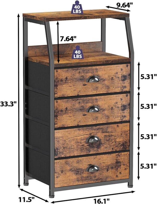 "Furnulem Tall 4 Drawers Dresser - Vertical Storage Tower Fabric Dresser for Bedroom, Hallway, Entryway, Nursery, Closet Organizer, Nightstand Bedside Table Furniture, Sturdy Steel Frame, Wood Top" 4