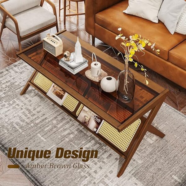 Bamworld Mid-Century Modern Coffee Table with Glass Top Rattan Coffee Table with Storage for Living Room Brown 4