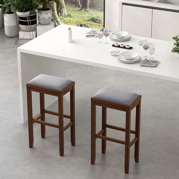 COSTWAY Upholstered Saddle Stools Set of 2 - 31-inch Height Vintage Counter Height Chairs with Solid Wood Legs - Modern Backless Design Indoor Bar Stools for Kitchen, Dining, Pub and Bistro - Walnut 3