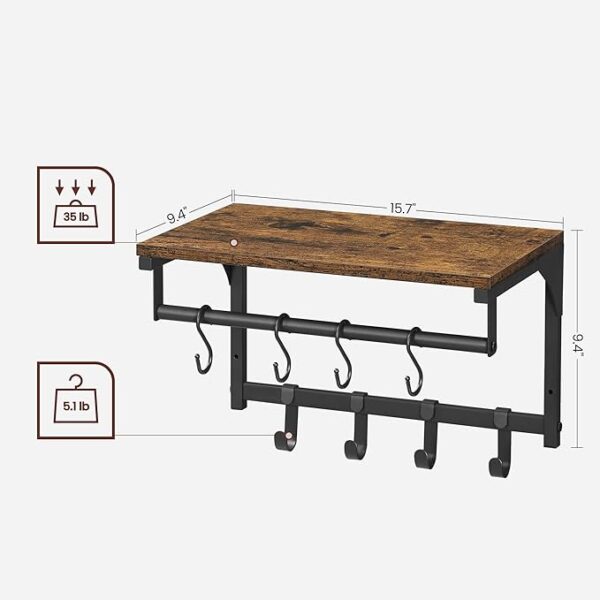 VASAGLE Laundry Room Shelf Wall Mounted - Coat Rack Shelf with 8 Removable Hooks - for Entryway, Living Room, Kitchen, Bedroom - 15.7 x 9.4 x 9.4 Inches - Rustic Brown and Black ULCR103B01 2