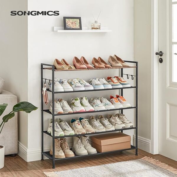 SONGMICS Shoe Rack - 5 Tier Shoe Storage Organizer, Large Shoe Rack Shelf for Closet Entryway - Sturdy Shoe Stand for 20-25 Pairs with 4 Hooks, Adjustable Feet, Fabric Shelves, Not Wooden Top 3