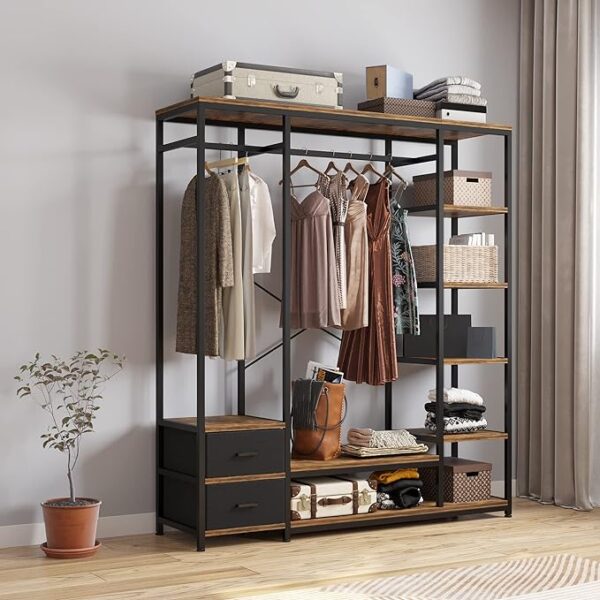 NIKKHO Independent Wardrobe Manager - Clothes Rack with Multiple Storage Racks and Non-Woven Drawer - Bedroom Heavy Metal Wardrobe Storage Rack - Black 2