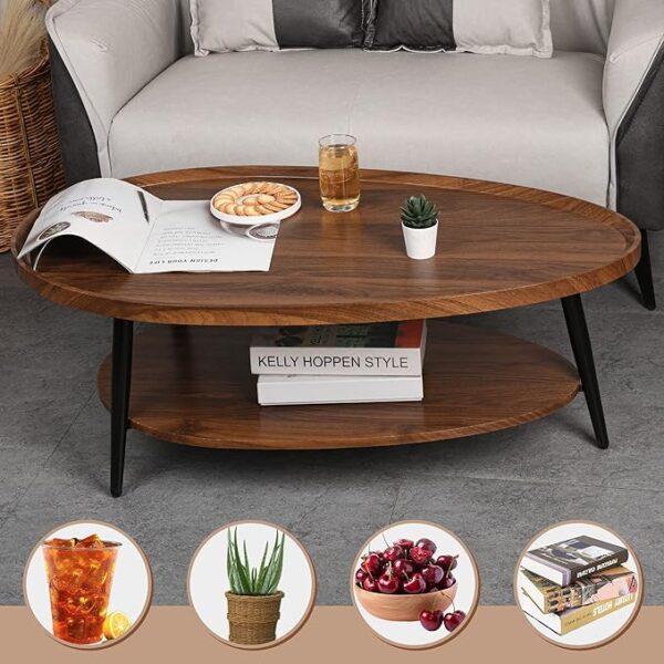 Zedesey 2-Tier Coffee Table - Water-Shaped Wood Center Table - Mid Century Oval Coffee Table - Rustic Farmhouse Coffee Table for Living Room, Bedroom - 40", Brown 3