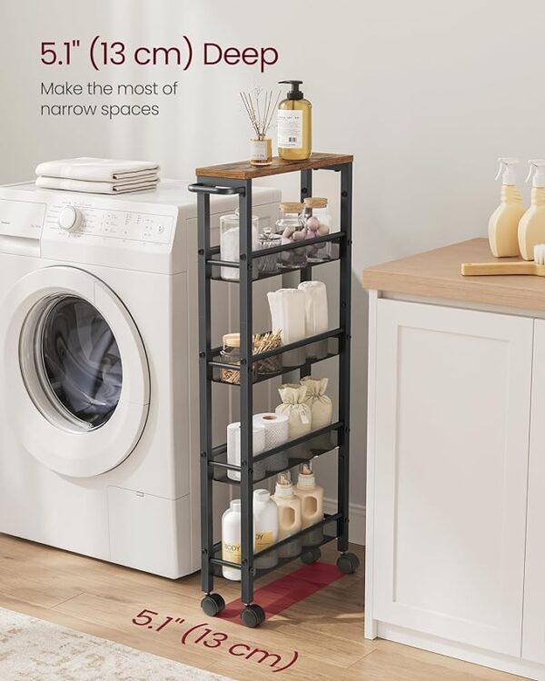 VASAGLE Slim Rolling Cart - 5-Tier Storage Cart, Narrow Cart with Handle, 5.1 Inches Deep, Metal Frame - for Kitchen, Dining Room, Living Room, Home Office - Rustic Brown and Black ULRC034B01 2