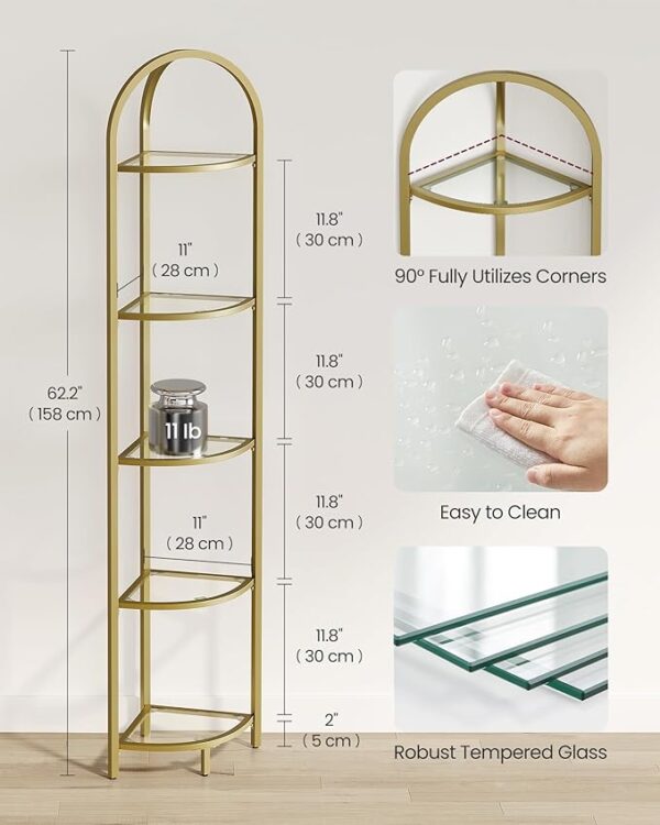 VASAGLE 5-Tier Corner Shelf Stand - Corner Bookshelf, Bathroom Organizer, Plant Stand - Tempered Glass, Steel Frame - Modern Style - for Living Room, Bathroom, Kitchen - Metallic Gold ULGT810A01 2