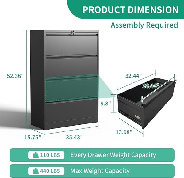 IKIMI Lateral File Cabinets 4 Drawer - Office Filing Cabinet, Steel Storage Cabinet with Lock, Wide Horizontal Black Metal Cabinet for Hanging Files, Legal/Letter/A4 Size" 4