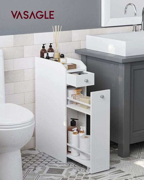 VASAGLE Small Bathroom Storage Cabinet - Slim Bathroom Storage Organizer, Toilet Paper Holder with Storage - Toilet Paper Storage Cabinet with Slide Out Drawers - for Small Spaces, White UBBC847P31 2