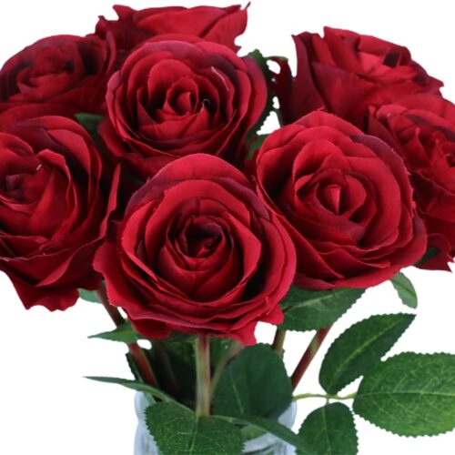 Tinsow Artificial Roses Flowers with 8 Heads for Flower Arrangement, Silk Latex Rose Bouquet for Home Decoration, Faux Roses for Valentine's Day Parties and Wedding Decoration (Red, 8)