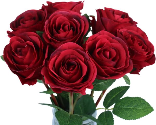 Tinsow Artificial Roses Flowers with 8 Heads for Flower Arrangement, Silk Latex Rose Bouquet for Home Decoration, Faux Roses for Valentine's Day Parties and Wedding Decoration (Red, 8) 1