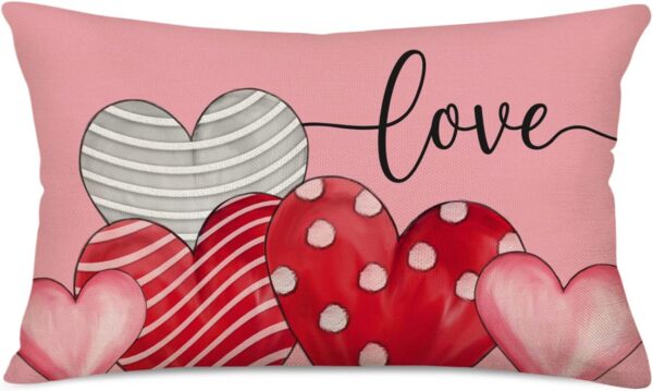 ove Heart Throw Pillow Covers Pink Valentine’s Day Pillow Cases Housewarming Family Love Quotes Home Decorative Lumbar Pillow Covers 12x20 Inch Cotton Linen 1