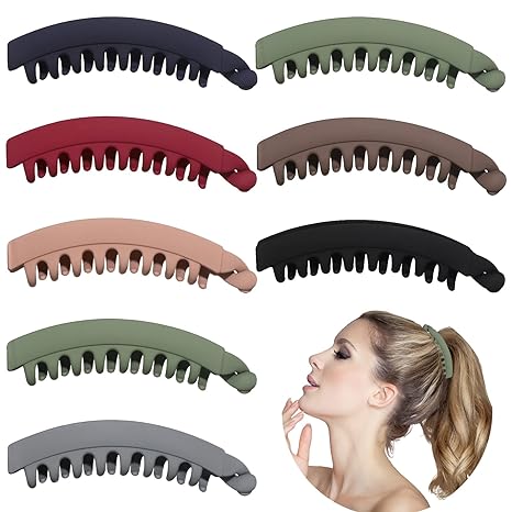 718GZ8-poZL._SX466_ 8 Pieces 5.3 Inch Large Banana Clips Big Banana Hair Clips Nonslip Clincher Combs Banana Combs Strong Hold Ponytail Holder Clip Matte Hair Clips for Women and Girls (Fresh Color)