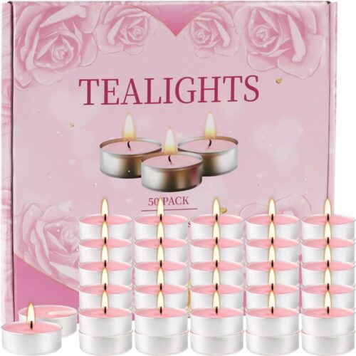 71H4FFcgUEL._AC_SL1500_ 50Pcs Pink Tea Lights Candles in Bulk - 4 Hour Smokeless & Unscented Tea Candles - Dinner Candle Perfect for Votive Candle Holders