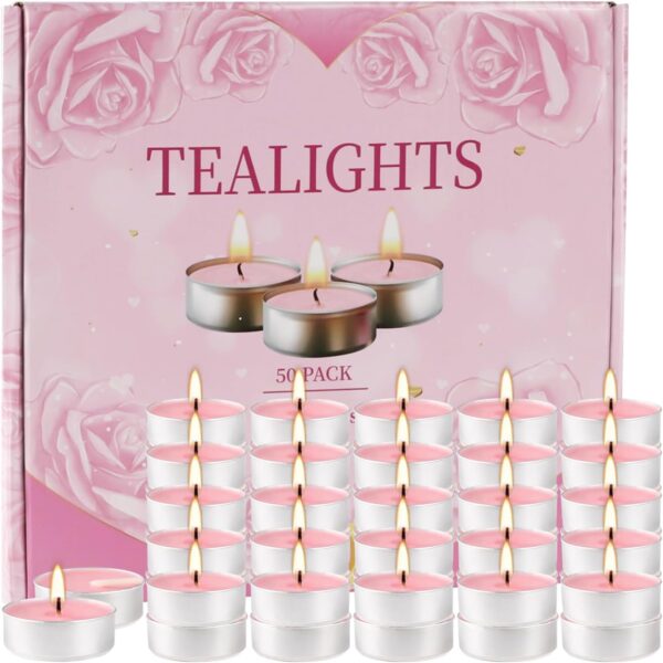 50Pcs Pink Tea Lights Candles in Bulk - 4 Hour Smokeless & Unscented Tea Candles - Dinner Candle Perfect for Votive Candle Holders 1