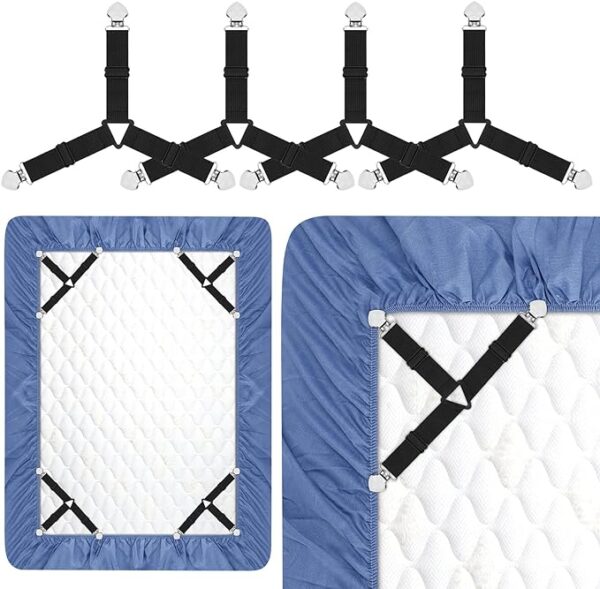 Bed Sheet Holder Straps, Rareccy Adjustable Bed Sheet Fastener and Triangle Elastic Mattress Sheet Clips Suspenders Grippers Fasteners Heavy Duty Keeping Sheets Place for Bedding Mattress (4 PCS) 1