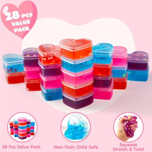 28 Pcs Valentine's Day Clear Slime Hearts with Valentines Day Card Stress Relief Toy for Kids Valentine Classroom Exchange, Valentine Party Favors, Gift Exchange, Game Prizes