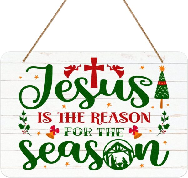 WhatSign Christmas Signs Jesus is the Reason for the Season Sign Jesus Christmas Door Wall Decor Signs Nativity Wreath Scene Hanging Sign for Jesus Christmas Wall Door Porch Wreath Holiday Decorations 1