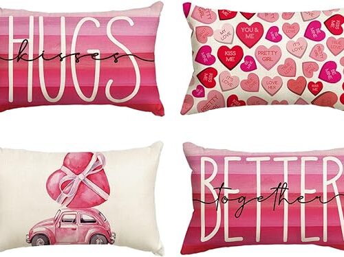 Valentine's Day Kisses Hugs Better Together Throw Pillow Covers, 12 x 20 Inch Hearts Truck Wedding Cushion Case Decoration for Sofa Couch