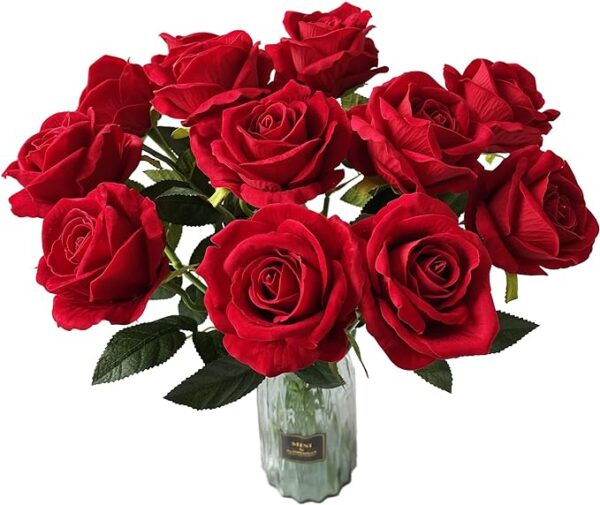 UKELER 12 Pcs Artificial Rose Flowers Red Blossom Rose Flowers Silk Faux Roses with Stem Rose Bouquets for Home Decoration Wedding Party Garden Floral Decor Valentine's Day Gift 1