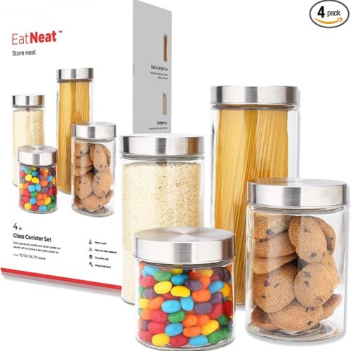 EatNeat 4 Piece Beautiful Glass Kitchen Canisters with Stainless Steel Lids - Premium Glass Food Storage Containers, Versatile Cereal, Flour, Coffee, Snacks Container Jars for Kitchen Organization