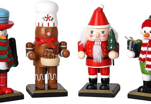 71hyIMwOhVL._AC_SX679_ AULUDA 6.5" Christmas Decorative Nutcrackers, 4 Ginger Bread, Penguin, Elf, Santa Handmade Wooden Puppet Figures, Collectible Festive Present Figurine Shelves Tables Decorations