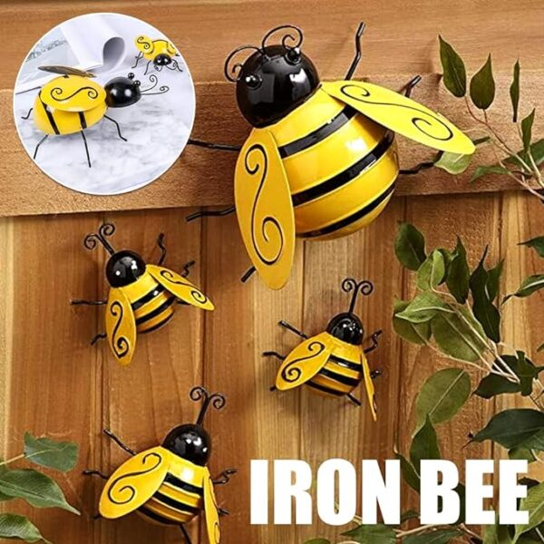 Guamian 3D Metal Bumble Bee, Ant, Ladybugs Wall Art Decor, Cute Hanging Wall Sculptures for Outdoor Garden Backyard Patio Fence Decor, Easter Spring Bee Themed Gifts (Set of 4, Bee) 2