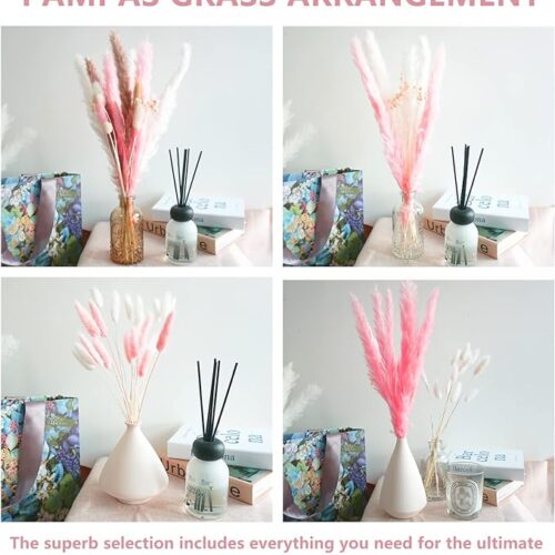 71lybaHMDlL._AC_SX679_ Total 63 pcs /7 Various Dried Pampas Grass Décor, White Pompous Grass, Bunny Tails Dried Flowers Reed Grass, 17 inch Pompass Grass for Flower Arrangements Boho Wedding Home Décor (Rose Pink)