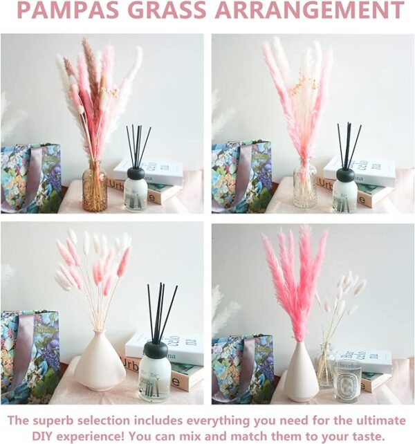 Total 63 pcs /7 Various Dried Pampas Grass Décor, White Pompous Grass, Bunny Tails Dried Flowers Reed Grass, 17 inch Pompass Grass for Flower Arrangements Boho Wedding Home Décor (Rose Pink) 1