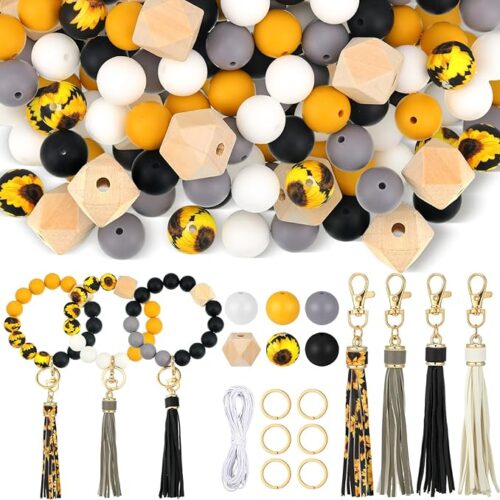 71rsjBSMttL._AC_SX679_ Keychain Making Kit 15mm Multicolor Multiple Styles Sunflower Round Silicone Beads with Tassels Wooden Beads Elastic Cord for Bracelet Necklace Jewelry