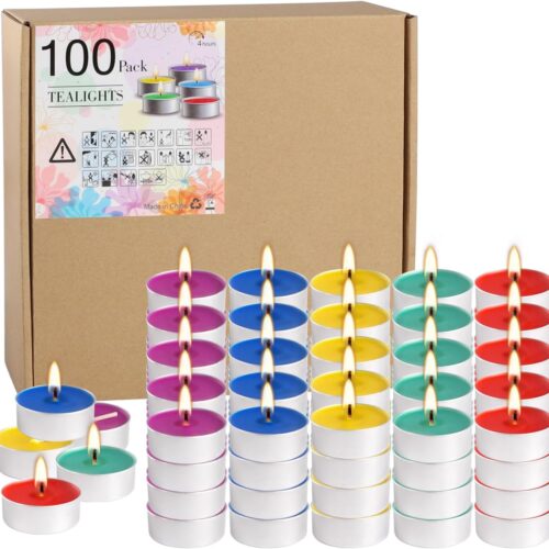 71sUluqWaYL._AC_SL1500_ Assorted Colors Tea Lights Candle Bulk - 5 Colors - 4 Hours Unscented Smokeless Votive Candles for Anniversaries Shabbat Valentine's Day - 100 Pack
