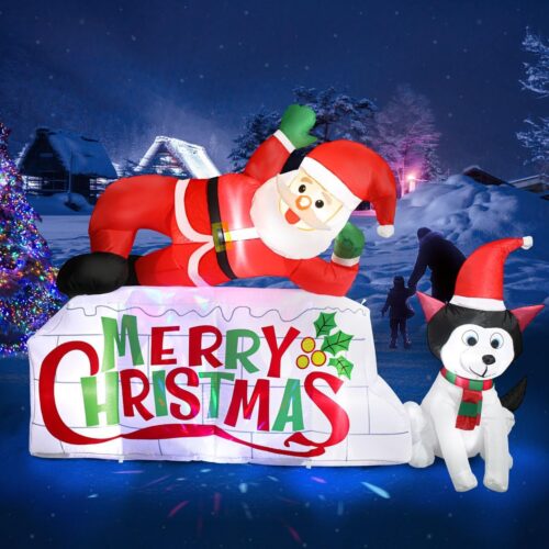 Meland 8FT Merry Christmas Inflatable Outdoor Decorations - Inflatable Christmas with Santa Claus & Dog, Christmas Blow Up Yard Decorations with LED Light, Christmas Inflatables for Outside Garden